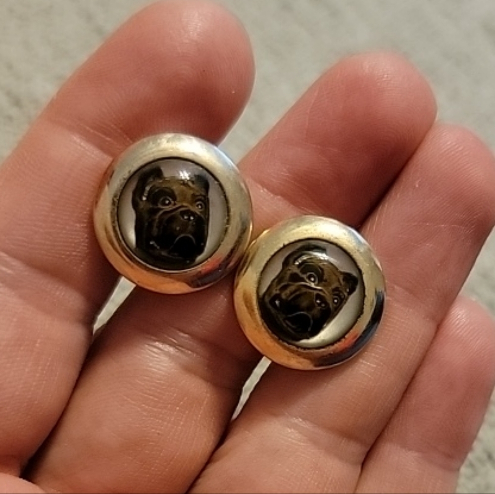 Rare VINTAGE Glass Intaglio Enamel Boxer Dog Cufflinks By Pioneer 3/4" Wide